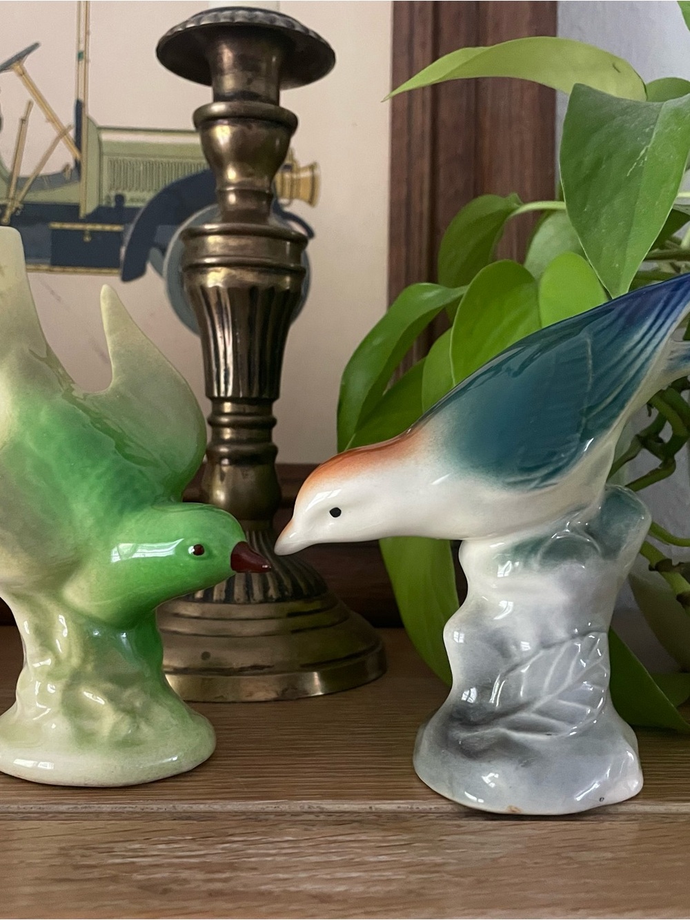 Vintage Green and Blue Ceramic Bird Figurines Pair